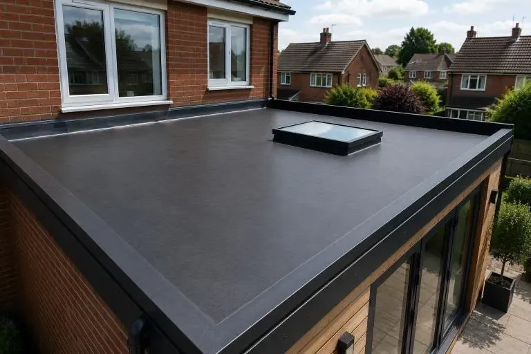 Seamless EPDM flat roof installation with skylight lantern on a residential extension in Worcester