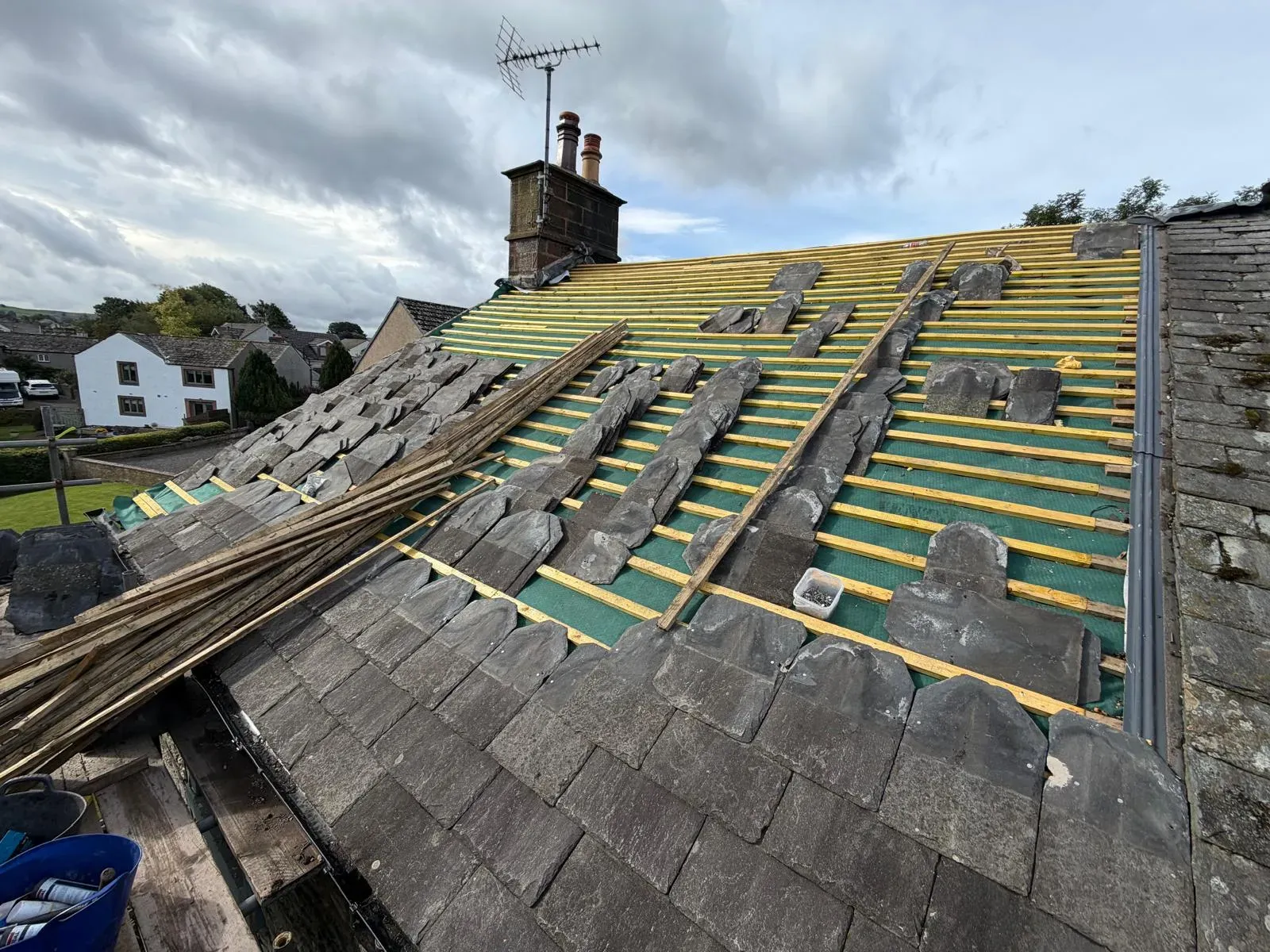 Pitched slate roof installation and re-battening on a residential property in Worcester