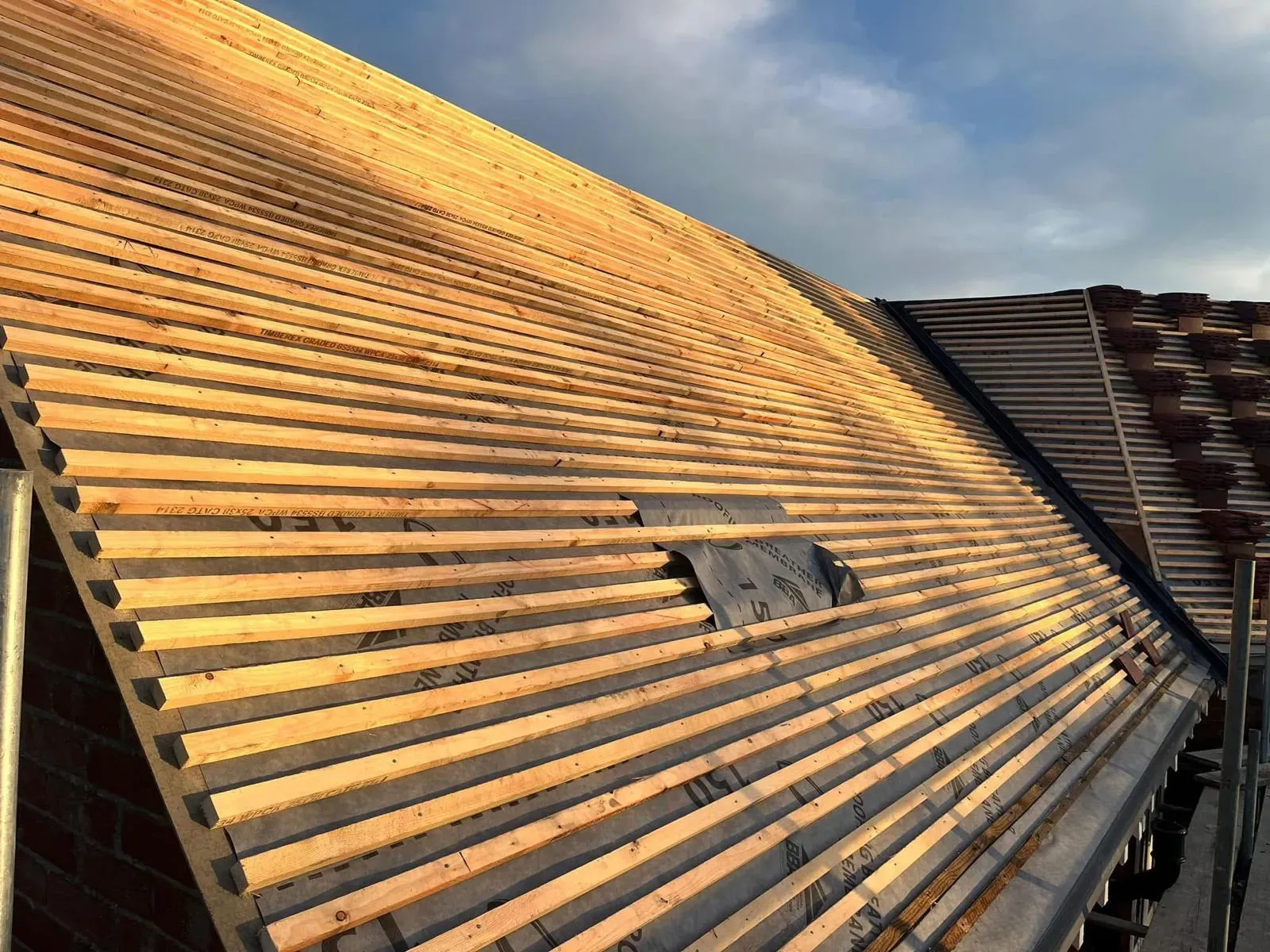 New timber roof battens and breathable membrane installed on a pitched roof in Worcester